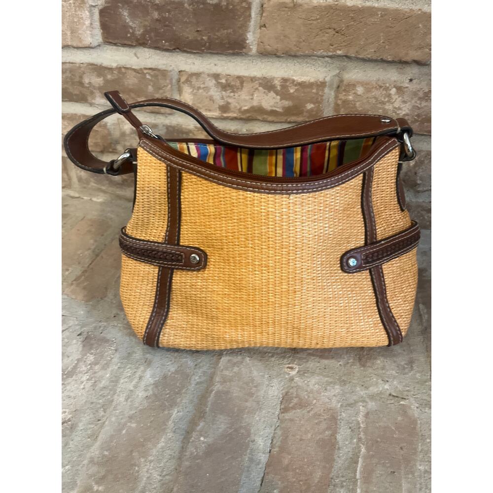 FOSSIL Straw Shoulder Bag Brown Vegan
Leather Trim Striped Fabric Lining